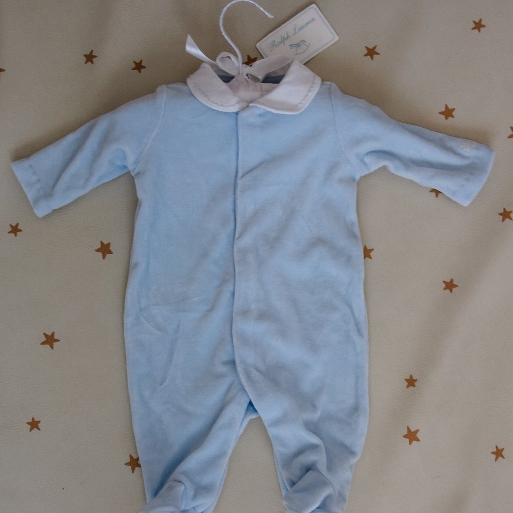 NB ralph lauren blue velour footed onesie NWT